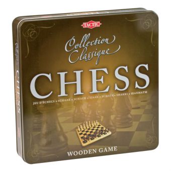Sjakk klassisk spill i tre i tinnboks