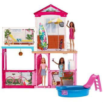 Barbie Dukkehus - Estate 2 etasjer med møbler og 3 dukker