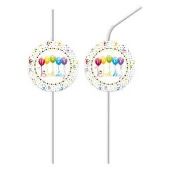 Happy Birthday Sugerør med dekor - 4 stk